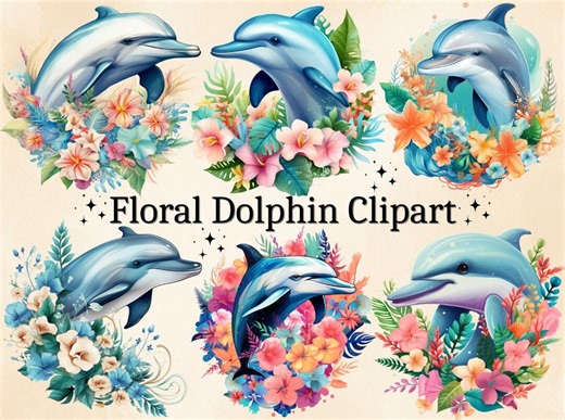 Watercolor Floral Dolphin Clipart: Summer Tropical PNG Bundle (commercial Use) - Etsy Canada