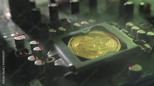 A gold Bitcoin coin with glare and reflection installed instead of a central processor in the motherboard with electronic components with light and smoke in the darkness.