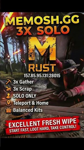 JUST WIPED! JOIN NOW 👇 | MEMOSH.GG 3x Solo Only Server | client.connect 157.85.95.131:28015 #rust