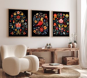 Scandinavian Folk Art Print Set of 3 - Nordic Floral & Bird Wall Art, Rosemaling Inspired Black Background Decor, Cozy Hygge Home - Etsy