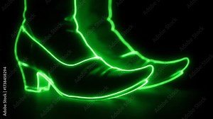 Neon Witch Shoes Outline Glowing - This video shows a pair of witch shoes outlined with vibrant green neon light against a black background.