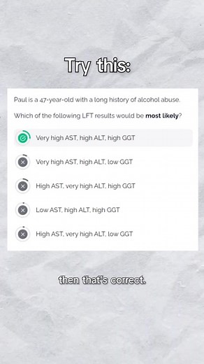 Here's the key indicators for alcohol-related liver disease (ARLD) when interpreting LFTs! *Please note that since this video was filmed, the term alcoholic liver disease is no longer used- but the principles of interpretation of blood tests still stand!* 👾 For our full LFT interpretation guide, see geekymedics.com #geekymedics . . . . . #meded #medschool #medicalstudent #medstudent #osce #clinicals #clinicalskills #usmle #premed #premedlife #paces #ukmla #nursing #nursingschool #nursingstudent