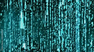 A digital representation of cascading binary code in a futuristic blue-green color scheme.