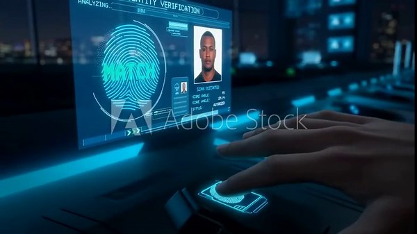 Advanced Identity Verification System Analyzing Fingerprints and Biometric Data in a Futuristic Setting with Digital Interfaces and High-Tech Security Protocols