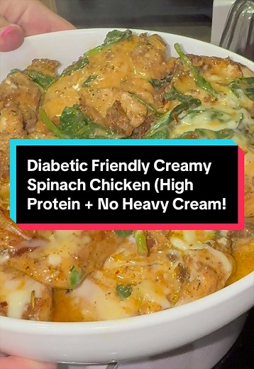 This creamy spinach chicken is proof that diabetic friendly meals don’t have to be boring 💚 Made with high protein blended cottage cheese instead of heavy cream so it’s lighter, filling, and still insanely creamy. Perfect for meal prep, family dinner, and low carb lifestyles. Save this recipe—you’ll make it on repeat 🥘✨ #diabeticfriendly #diabetesfriendly #highproteinrecipe #lowcarbrecipe #TikTokCreatorSearchInsightsIncentive