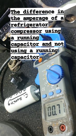The difference in the amperage of a refrigerator compressor using a running capacitor and not using a running capacitor #reels #sorotan | Wahyu Diyanto