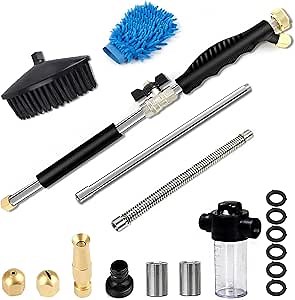 2021 Newest Extendable Hydro Jet Hose Pressure Washer Wand for Garden Hose, Jet Car Washer with Soap Dispenser and Car Wash Brush, Heavy Duty Metal Watering Sprayer with Universal Hose End, Black