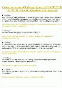 Cyber Awareness Challenge Exam UPDATE 2023 ACTUAL EXAM Questions and Answers