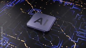 A video of an AI processing chip integrated into a high-tech circuit board. The chip glows with blue neon lines that indicate data transfer, surrounded by a modern, black, technological environment.