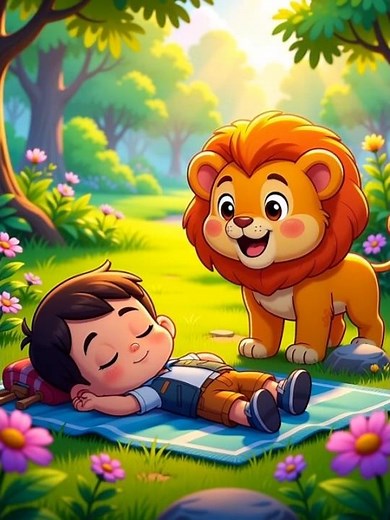 Cute Morning Cartoon Scene | Small Boy Wakes Up to a Friendly Lion Roar | 4K Animation