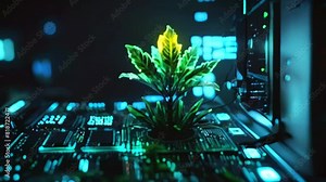 In this AI-generated video, witness a tree emerging from the convergence of a computer circuit board, embodying the principles of green computing, technology, IT, CSR, and IT ethics