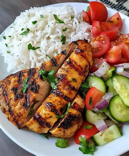 Zesty Grilled Chicken Plate with Rice & Sumac Salad 綾 A vibrant and...