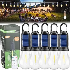 Solar Rechargeable Hooked Camping Light, Solar Rechargeable Light Bulbs, USB Charging Tungsten Light Bulb Solars Lights with Power Display, LED Tent Lights with IPX4 Waterproof (5*Spherical)