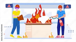 Two workers practice fire safety protocols using a fire extinguisher and water to manage a simulated fire illustration animated video Stock Video