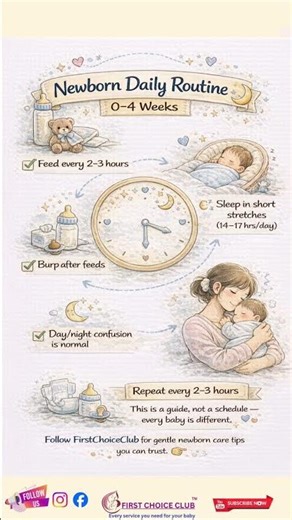🍼 Newborn Daily Routine (0–4 Weeks) – Hour by Hour