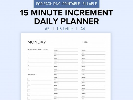 15 Minute Increment Daily Planner Printable | Time Blocking Daily & Weekly Schedule | Productivity PDF | 15 Minute Appointment Organizer - Etsy