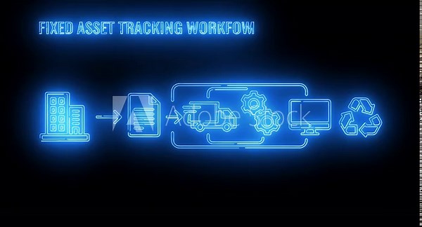 Fixed asset tracking workflow neon diagram showing asset input movement and depreciation process