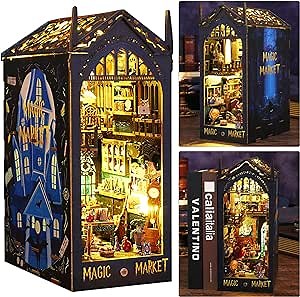 ISSEVE DIY Book Nook Miniature Kits for Adults, 3D Wooden Puzzle Dollhouse Miniature House Kit for Booknook Shelf Insert Decor, Creative Assembled Bookends Bookshelf with Sensor Light (Magic Market)