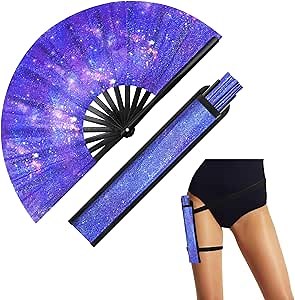 Glitter Large Rave Fan Rave Accessories for Women with Leg Strap and Fabric Case Bag for Women Men Dance Music, Performance, Decoration, Christmas, Rave Festival Accessories (Sky Blue)
