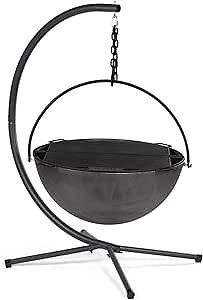 Ash & Ember 42" Cast Iron Cauldron Fire Pit Bowl, Double Hinged Grill Grate with Easy-Lift Handles, Handing Chain and Cauldron Stand, Round Wood Burning Patio Fire Bowl for Backyard Entertainment