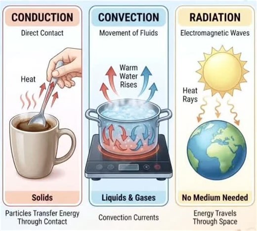 science by sumati on Instagram: "Modes of Heat Transfer – Conduction, Convection & Radiation 🔥 Heat energy can travel in three different ways! Let’s understand them quickly 👇 🔹 Conduction – Transfer of heat through direct contact. 👉 Happens mostly in solids. Example: A metal spoon gets hot when kept in hot tea. ☕ 🔹 Convection – Transfer of heat through movement of liquids or gases. 👉 Forms convection currents. Example: Boiling water in a pan. 🍲 🔹 Radiation – Transfer of heat without any