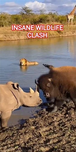 Rhino vs Bison 😱 INSANE Riverbank Showdown | Wildlife #shorts