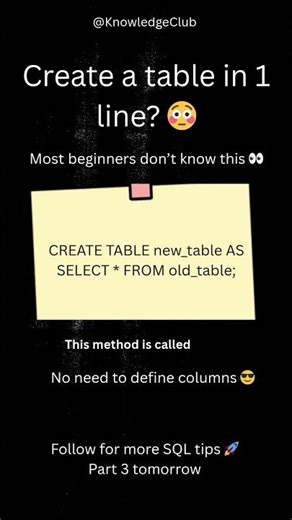 Create Tables in 1 Line 😳 (SQL Trick) #freshers #learncoding #programming #youtubeshorts