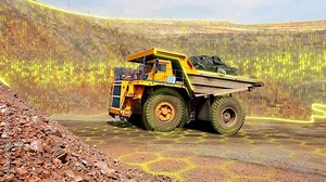 Large mining dump truck. Large dump truck in a iron ore mining. Visualization of the work of artificial intelligence.
