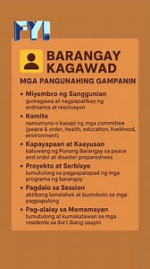 📌 Barangay Kagawad – Mga Pangunahing Tungkulin 1. Miyembro ng Sangguniang Barangay – lumalahok sa paggawa, pagtalakay, at pagpasa ng mga ordinansa at resolusyon para sa barangay. 2. Tagapagpatupad ng Programa – tumutulong sa pagpapatupad ng mga proyekto at serbisyo ng barangay (kalusugan, edukasyon, kabuhayan, kapaligiran, atbp.). 3. Kapayapaan at Kaayusan – katuwang ng Punong Barangay sa pagpapanatili ng peace and order at disaster preparedness. 4. Komite o Committee Chairmanship – bawat kagaw