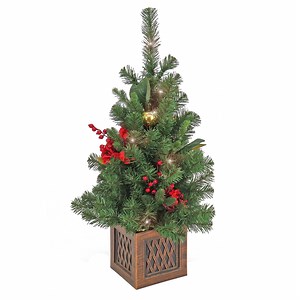 National Tree Company Pre-Lit Artificial Tabletop Tree, Green, Vienna Waltz , Red Berries, Gold Ball Ornaments, Bronze Base, 35 Warm White Battery Operated LED Lights, Timer, 36 inch