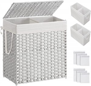 110L Laundry Hamper with Lid Clothes Hamper with 2 Removable Liner Bags & 6 Mesh Bags Wicker Laundry Basket for Laundry Room White