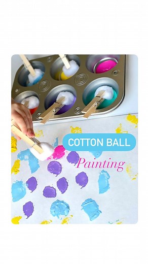 Rozanne | Bright Little Brains on Instagram: "COTTON BALL PAINTING Using cotton balls (a common household item) to paint is a great way to explore other painting techniques for your little one. It also creates interest and is super fun to use! 🙌🏻 Creating a cotton ball “paint brush” is easy to make, takes no time to prep and here’s what you’ll need ⬇️ MATERIALS: 🟣 Muffin tin @dollartree @dollartreeclassroom 🟡Paint (We made use of Acrylic paint) ⚪️Cotton balls 🔵Clothepins 🟣White craft paper