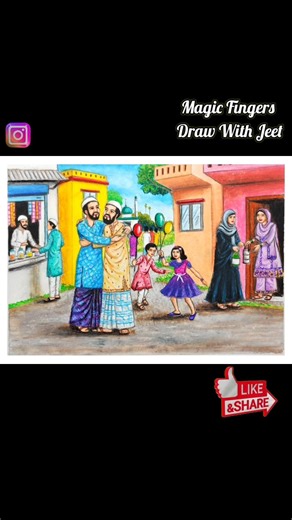 Eid Ul Fitr Drawing | Eid Festival Scenery Drawing | Eid Mubarak | Ramadan Drawing | Oil Pastels