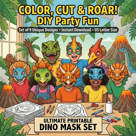 Printable Dinosaur Masks for Kids, Set of 9 Dino Party Activity, Instant Download PDF - Etsy