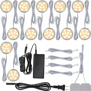 Collection Cabinet Display Lighting Kit, Round LED Puck Lights, 110V Direct Electric Wired & Wall Plugged in, 12-Way Octopus Junction Box, On and Off Switch, Warm White 2700K, 12 Lights