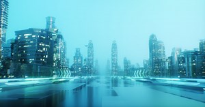 Futuristic City Drive Through with Glowing Buildings and Streets