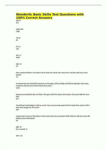 Latest Wonderlic Basic Skills Test Questions with 100 Correct Answers746 video