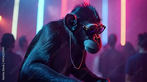Funny Fancy Chimp in the Night Club is Dancing on Stage, DJ set.