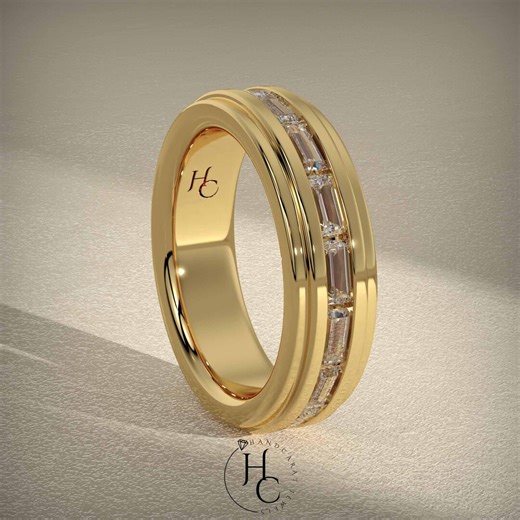 14K Yellow Gold Baguette Diamond Channel Set Wedding Band, Minimalist Eternity Ring - Etsy