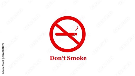 Don't smoke sign loop with cigarette and animated smoke, with red prohibition sign. 4k video on a white background