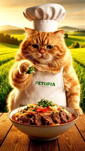 Funny Cat Chef vs Spicy Beef 🌶️🐱 PETOPIA Kitchen #CatCooking #FunnyCat #SpicyFood