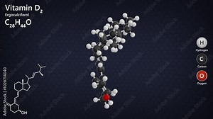 Ergocalciferol or Vitamin D2. Animated 3d model of molecule. Molecular formula: C28H44O. Chemical model: Ball and Stick. Dark background. 3d rendering. Seamless loop
