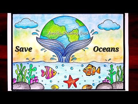 World Ocean Day Poster Drawing | Save Ocean Drawing | Ocean Day Drawing | Underwater Scenery drawing