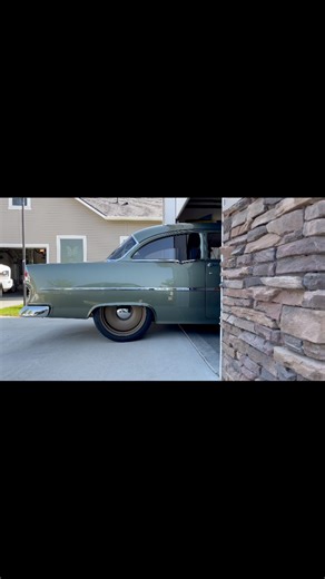 Mike Michauds PPG Green Tea painted 1955 Chevy features Detroit Steel Wheel 18’s and 20’s with a burnt bronze cerakote finish. Power is supplied by a 376 exiting through Borla Exhaust. I photographed this for Goodguys back in 2021 #trifive #chevy #carshow #green | NotStock Photography