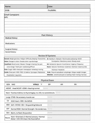 History & Physical Template – Medical Student and Resident Note Sheet – Clinical Note Printable PDF - Etsy
