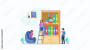 Librarian concept 2d video animation 4k clip. Llibrary reading room guid.