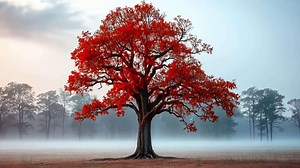 Download A red tree stands alone in a foggy field for free