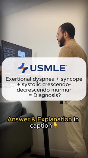 Dr. Waly | USMLE & Match Guide 🚀 on Instagram: "👉 Aortic stenosis Aortic stenosis causes obstruction of left ventricular outflow, leading to decreased cardiac output during exertion. This results in exertional dyspnea, syncope, and angina. The murmur is a harsh systolic crescendo-decrescendo murmur best heard at the right upper sternal border and radiates to the carotids. 📌 Severe disease leads to heart failure and sudden death. 📌 Definitive treatment is valve replacement. DM me mentor to jo