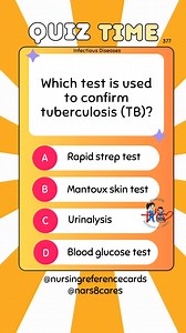 1.3K views · 21 reactions | Which test is used to confirm tuberculosis (TB)? * * * * * * * * #nurses #doctors #nursing #medical #nurseexam #NCLEX #nclexreview #nclexrn #registerednurse #medicaldoctor #medicine #studentlife #exam #exampreparation #nclexprep #nursingstudent #medicalstudent #RN #NMC #NGN #PNLE #NLE #USRN #RN #rnlife #nursinglife #fbreels #fypシ゚ @highlight @followers @everyone | Nursing Reference Cards | Facebook