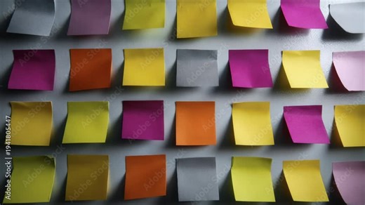 Many colorful sticky notes are stuck to a wall in a grid, and one orange note begins to peel off and fall down
